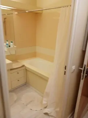 Salle de bains dans l'établissement Studio Cosy avec terrasse face au parc des expositions