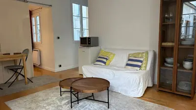 Coin salon dans l'établissement Haut-Marais Joli appartement.