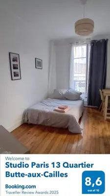 Un ou plusieurs lits dans un hébergement de l'établissement Studio Paris 13 Quartier Butte-aux-Cailles