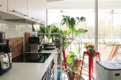 Cuisine ou kitchenette dans l'établissement Spacious cocoon with a terrace view on the canal