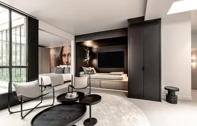 Coin salon dans l'établissement Luxury Residence in old Marais, 3 BR, Patio, Sauna, Fitness Room, AC