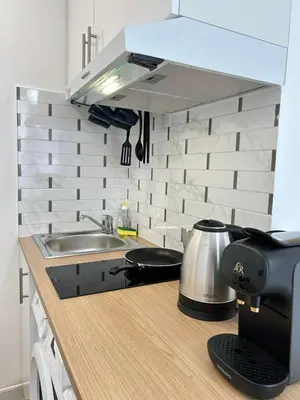 Cuisine ou kitchenette dans l'établissement Comfortable studio Notre-Dame de Lorette Rodier