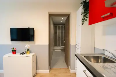 Cuisine ou kitchenette dans l'établissement Stunning Modern Red Apartment near Bastille-Marais