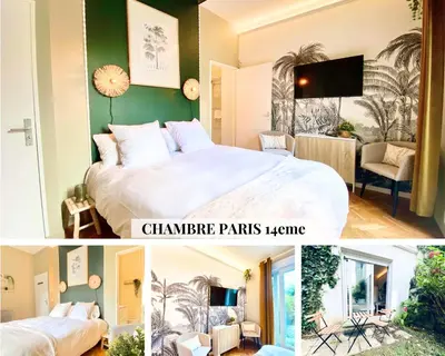 Un ou plusieurs lits dans un hébergement de l'établissement Chambre Cosy chez l habitant avec salle de bain et jardin privé