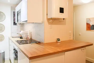 Cuisine ou kitchenette dans l'établissement bright studio with balcony quiet location