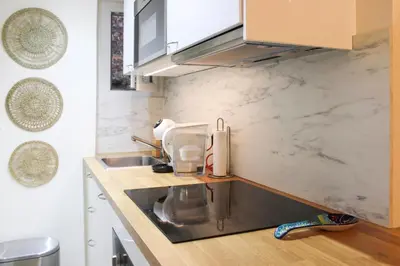 Cuisine ou kitchenette dans l'établissement bright studio with balcony quiet location