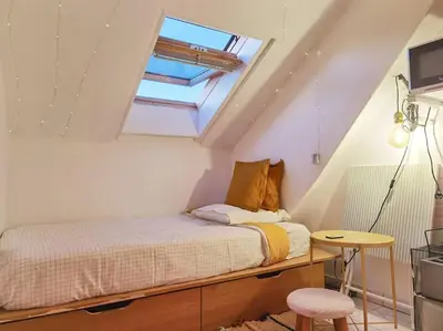 Un ou plusieurs lits dans un hébergement de l'établissement Top roof view studio with elevator 1mn St Germain
