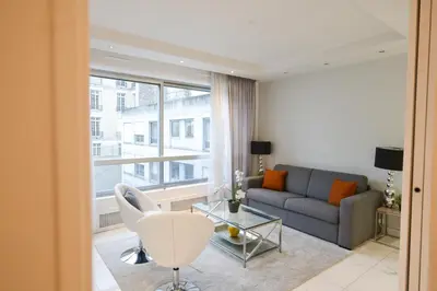 Coin salon dans l'établissement Modern & peaceful 1BD APT by Champs-Elysees with AC