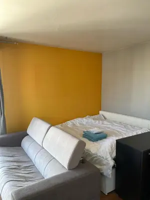 Un ou plusieurs lits dans un hébergement de l'établissement Beau studio avec vue sur Paris