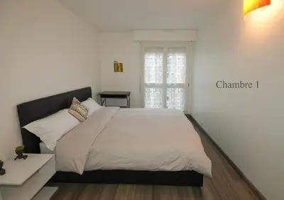Un ou plusieurs lits dans un hébergement de l'établissement Appartement confortable et lumineux à Belleville