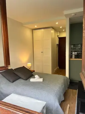 Un ou plusieurs lits dans un hébergement de l'établissement Studio Buttes Chaumont refait à neuf