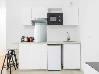 Cuisine ou kitchenette dans l'établissement Large studio 1P Parc des Buttes-Chaumont