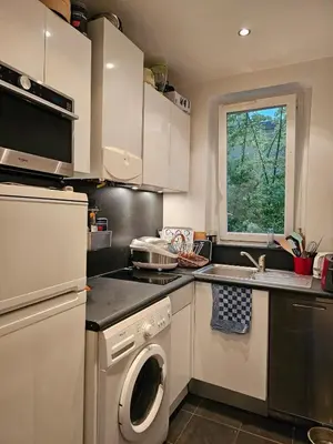 Cuisine ou kitchenette dans l'établissement Buttes Chaumont apartement