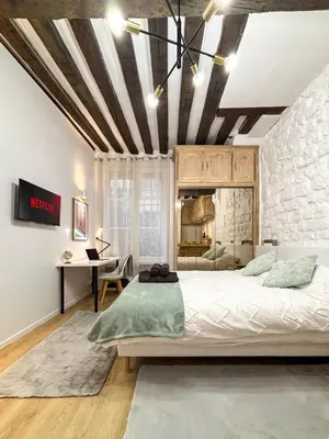 Un ou plusieurs lits dans un hébergement de l'établissement Le Columba-Studio Parisien Saint-Germain