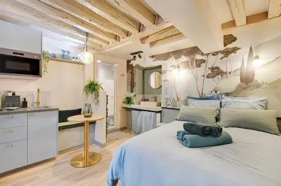 Cuisine ou kitchenette dans l'établissement Cozy studio in Le Marais - fully equipped