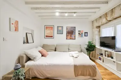 Un ou plusieurs lits dans un hébergement de l'établissement Modern Parisian Retreat Cozy T2 in Paris 02