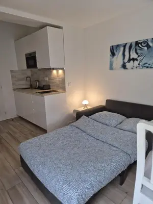 Un ou plusieurs lits dans un hébergement de l'établissement Studio à Bagneux avec terrasse privée, parking et climatisation payants