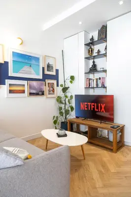 Télévision ou salle de divertissement dans l'établissement Appartement Avec Piscine Métro Convention