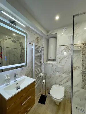 Salle de bains dans l'établissement Studio spacieux avec terrasse privée, clim et parking payants