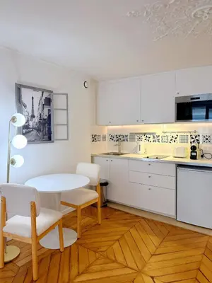 Cuisine ou kitchenette dans l'établissement Louvre 1-Min Walk Elegant Studio