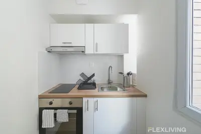 Cuisine ou kitchenette dans l'établissement Charmant studio dans Paris 16