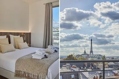 Un ou plusieurs lits dans un hébergement de l'établissement Penthouse with view of the Eiffel Tower-Faubourg