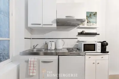 Cuisine ou kitchenette dans l'établissement Elegant studio dans le Marais