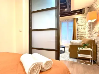 Un ou plusieurs lits dans un hébergement de l'établissement Paris Loft for 4 by Chatelet & Montorgueil & Metro N2-46