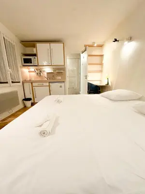 Un ou plusieurs lits dans un hébergement de l'établissement Cozy Apartment in Paris's Latin Quarter