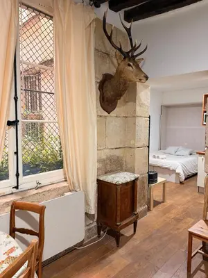 Un ou plusieurs lits dans un hébergement de l'établissement Charmant appartement en pierre proche de Notre dame de Paris