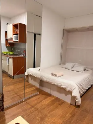 Un ou plusieurs lits dans un hébergement de l'établissement Charmant appartement en pierre proche de Notre dame de Paris