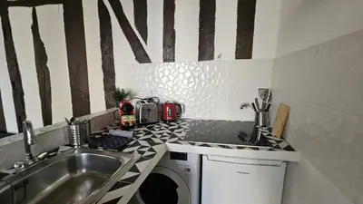 Cuisine ou kitchenette dans l'établissement CHARMANT STUDIO EN PLEIN COEUR De PARIS QUARTIER MONTORGUEIL- JARDIN DU PALAIS ROYAL-MUSEE DU LOUVRE