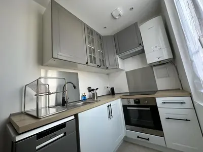 Cuisine ou kitchenette dans l'établissement Appartement rénové avec jardin et parking Métro ligne 14 à proximité, environnement calme