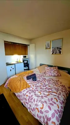 Un ou plusieurs lits dans un hébergement de l'établissement Studio Cosy a Paris Proche de la Tour Eiffel
