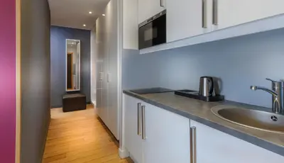 Cuisine ou kitchenette dans l'établissement Hôtel Ambre