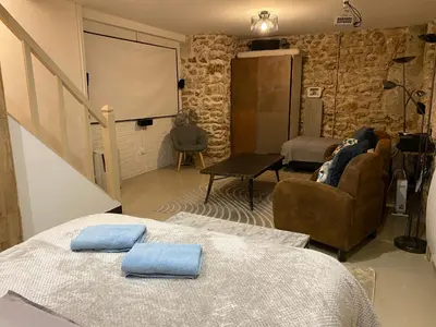 Coin salon dans l'établissement Large and unique souplex 60sqm, well located