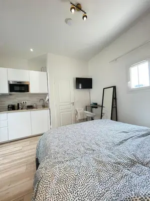 Cuisine ou kitchenette dans l'établissement Studio Neuf, Meublé avec climatisation et parking payants